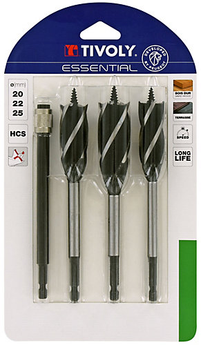 Tivoly - Lot de 4 pièces -3 forets bois 4 taillantsD 20 à 25mm + 1 rallonge