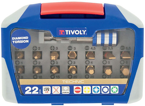 Tivoly - Coffret 22 pièces -21 embouts torsion diamant + 1 porte-embout magnétique quick change