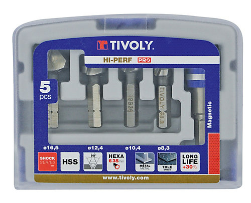 Tivoly - Coffret 5 pièces - 4 fraises à noyer HSS queue hexa à 90deg D 8,3 à 16,5mm + 1 porte-embout
