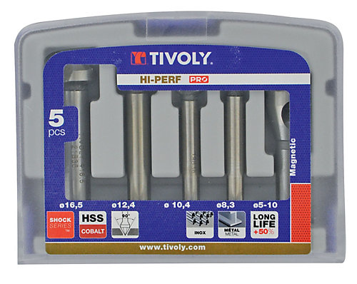 Tivoly - Coffret de 4 fraises à noyer DIN 335C HSS Cobalt 5% à 90deg - D: 8,3 à 16,5 mm + 1 fraise à ébavurer 5-10