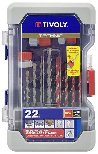 Tivoly - Coffret Ranger 22pcs, Forets Carrelage, Béton, Bois et 3 butées de profondeur pour forets deD3 à 12mm