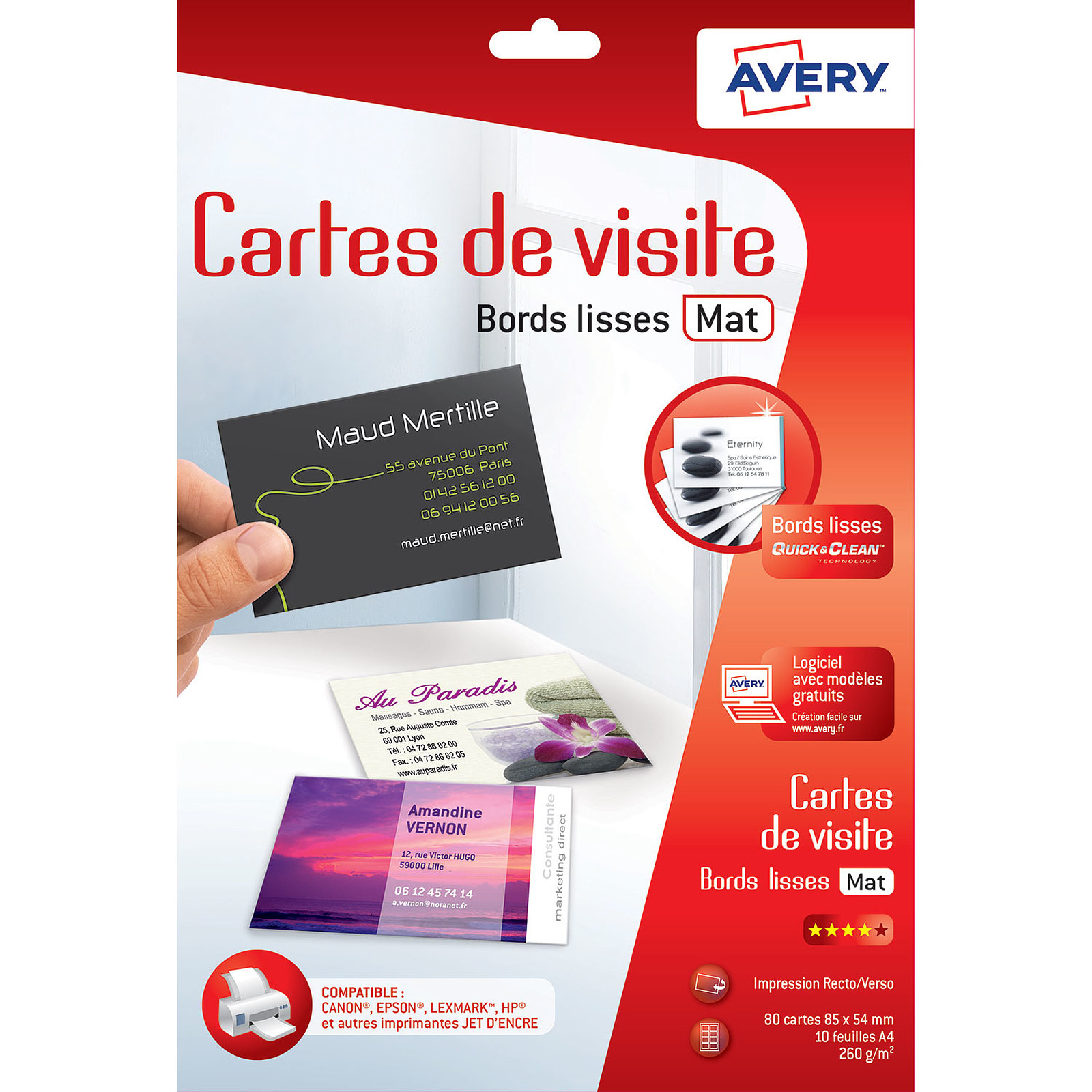 Avery Modèle du produit : Papier Créatif 80 Cartes de Visite 85x54mm Mates 260g