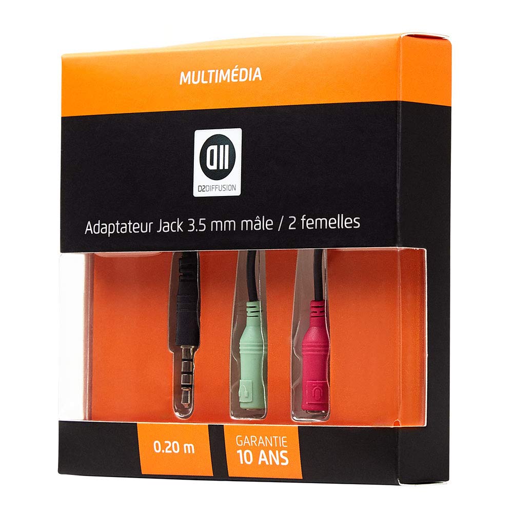 D2 Diffusion Cable audio Jack 3,5mm Mâle vers 2 x Jack 3,5mm Femelle 0.20m (Noir)