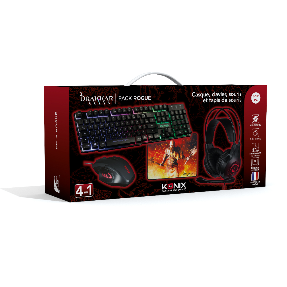 Konix Pack Gaming Rogue Drakkar Clavier + Souris + Casque + Tapis de souris Noir