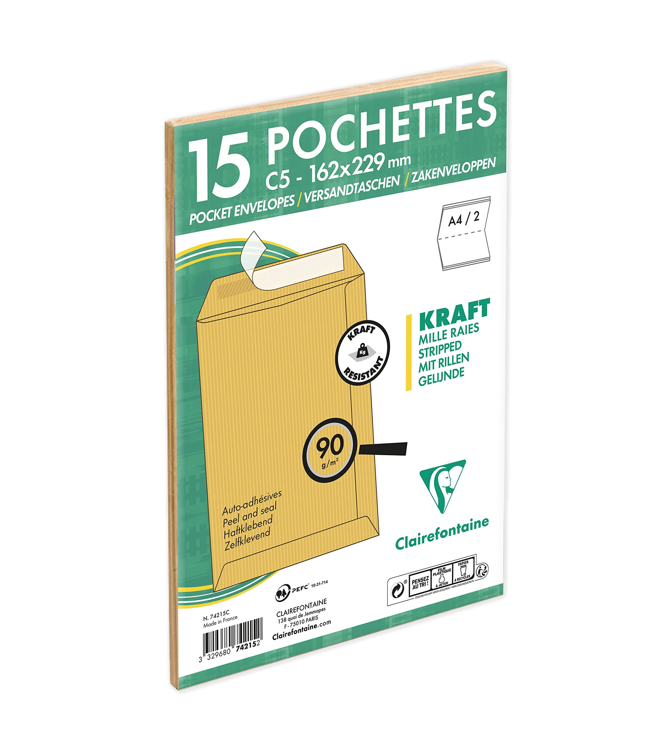 Clairefontaine 15 pochettes autoadhésives 162 x 229 mm Kraft mille raies 90g