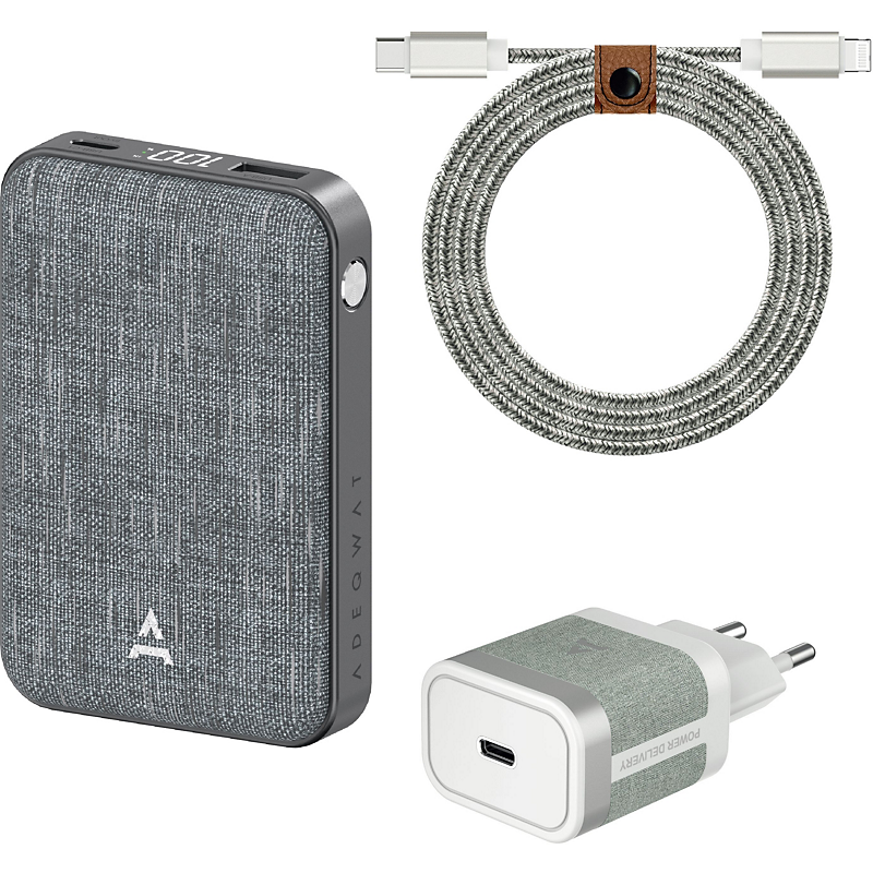 adeqwat pack powerbank+chargeur 30w+usb-c-lightning