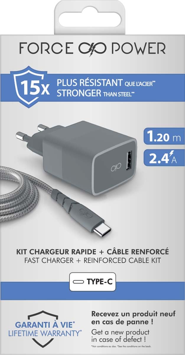 Force Power Chargeur secteur USB A + Cable USB C 1.2m Recycle Gris
