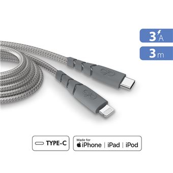 Force Power Cable Ultra Renforce USB-C/Lightning 3m Recycle Gris
