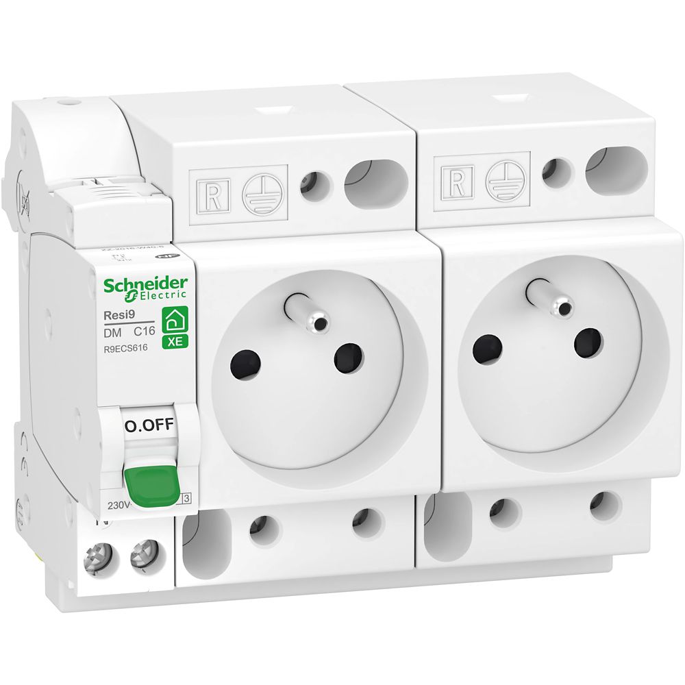 Schneider Combiné disjoncteur et 2 prises de courant 16A type C Auto 3kA 1P+N embrochable Resi9 XE Schneider