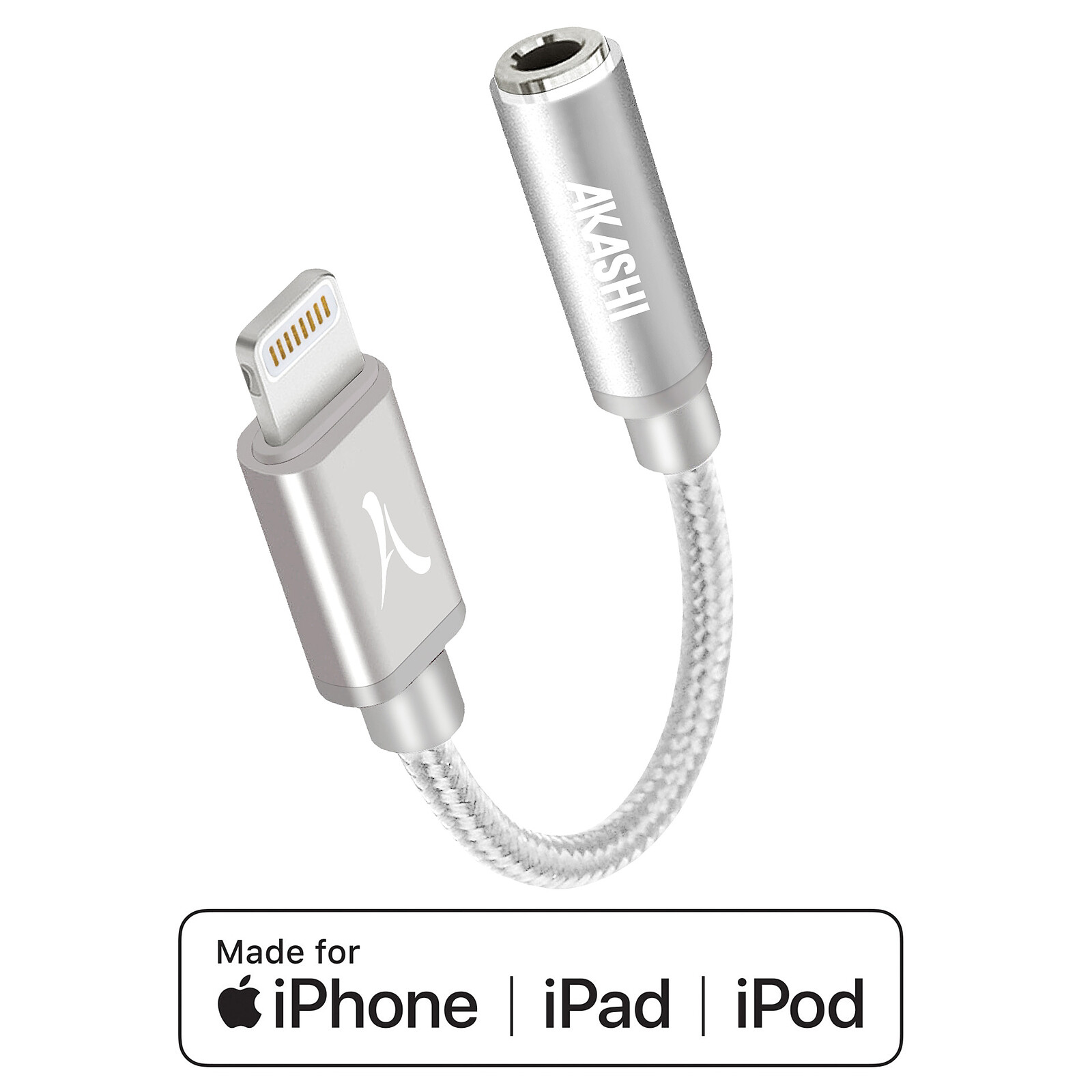 Akashi Adaptateur Audio Lightning MFI vers Jack 3.5 mm Argent