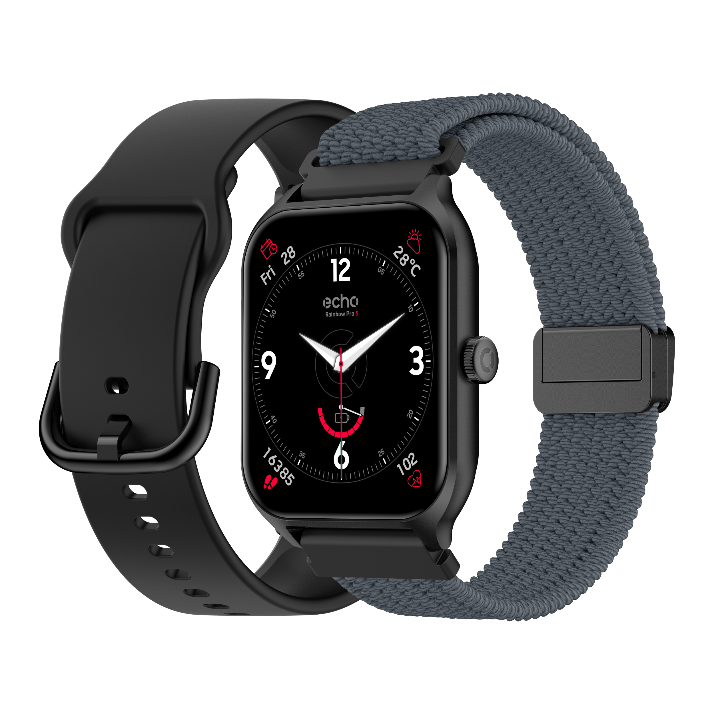 Echo Montre Connectée Rainbow Pro S Noir Silicone + bracelet gris nylon