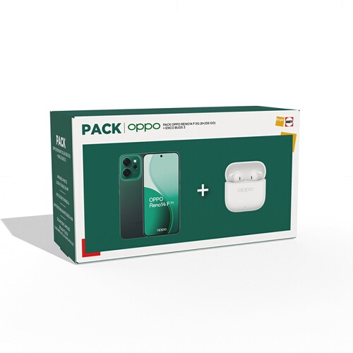 OPPO Pack Reno 14 F 5G 8/256 Go vert + écouteurs sans fil Enco Buds 3 blanc