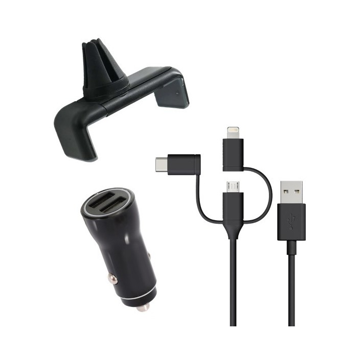 Muvit Pack 3 en 1 Chargeur de Voiture 2 USB-A + Cable 3 en 1 + Support Grille