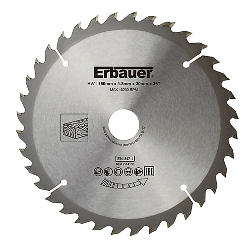 Erbauer Lame de scie circulaire Bois Ø150 x20/16/12,75/10 coupe moyenne 36 dents