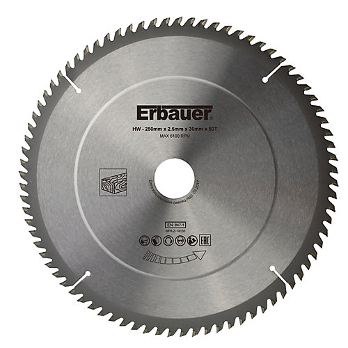 Erbauer Lame de scie circulaire Bois Ø250 x30/25/20/16 coupe fine 80 dents