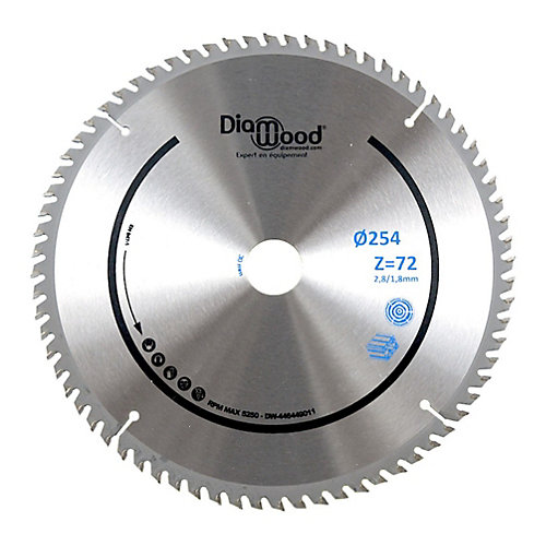 Diamwood Expert En Equipement Lame de scie circulaire HM finition D. 254 x Al. 30 x ép. 2,8/1,8 mm x Z72 TP Nég pour Alu/bois
