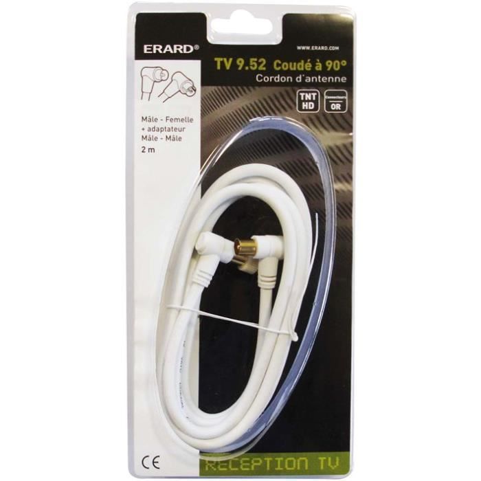 ERARD Vidéo: Cordon TV Hertzien non filtré 9,52 mm mâle-femelle coudés 90° + adaptateur mâle-mâle