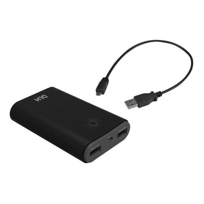 DLH BATTERIE EXTERNE 2 PORTS USB 10050 mAh. 2 Sorties USB 2,1A max. Entrée Micro USB 2.1A. Cable de charge micro USB fourni. Boitier noir et gris. Power bank compatible smartphones et tout appareil se chargeant en USB.