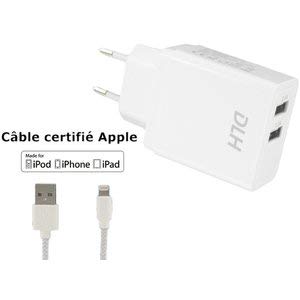 DLH CHARGEUR SECTEUR 2 PORTS USB 12W AVEC CABLE APPLE LIGHTNING MFI POUR IPHONE ET IPAD. 2 ports USB (2,4A max). Boîtier blanc. Cable Apple lightning certifié MFI fourni. Compatible toute tablette, smartphone, téléphone, GPS, console de jeux.