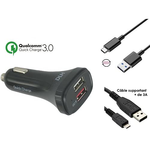 DLH CHARGEUR VOITURE USB 20W QUICK CHARGE QUALCOMM 3.0 AVEC UN CABLE USB TYPE-C ET UN CABLE MICRO USB. 2 ports USB dont 1 port Quick charge 3.0. Ampérage max: 3A. Livré avec cables USB-C et Micro USB. Compatibles tablettes et smartphones.