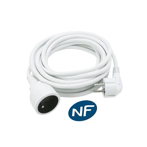 DLH RALLONGE ELECTRIQUE PRISE SECTEUR (NF) LONGUEUR 5 METRES. Prise sécurisée avec Terre. Couleur blanche. Protection enfant. Câble 5m. 16A.