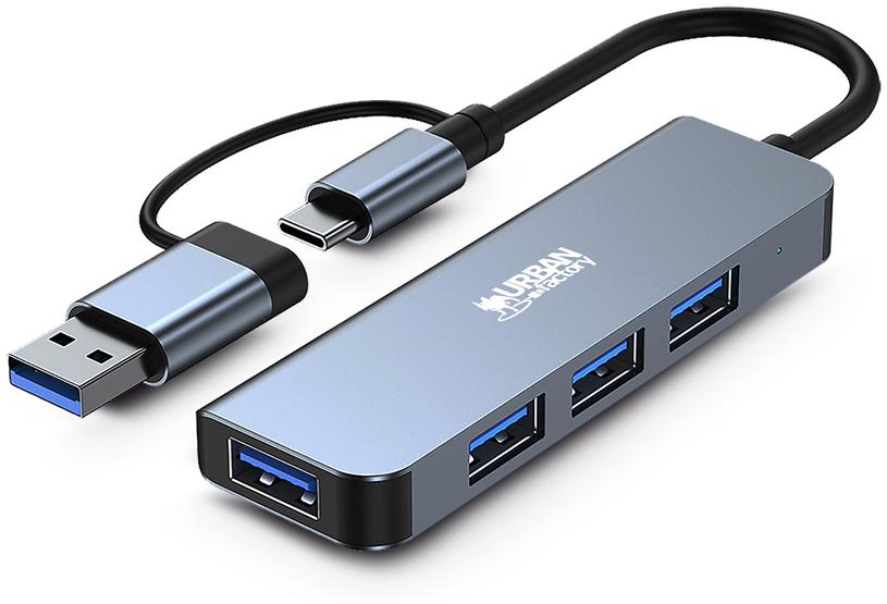 URBAN FACTORY HUB USB 4 PORTS USB 3.0 + ADAPTATEUR USB-A FEMELLE / USB-C MALE GRIS SIDERAL