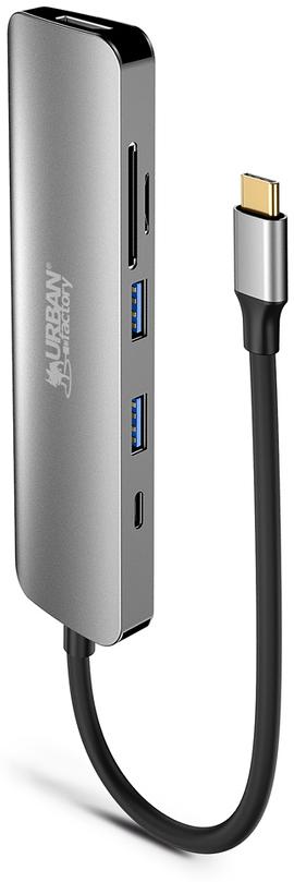 URBAN FACTORY HUB USB-C 6 EN1 AVEC 2 X USB-A / 1 X HDMI 4K / LECTEURS CARTES SD ET MICRO SD / 1 X USB-C 100W PD GRIS SIDERAL