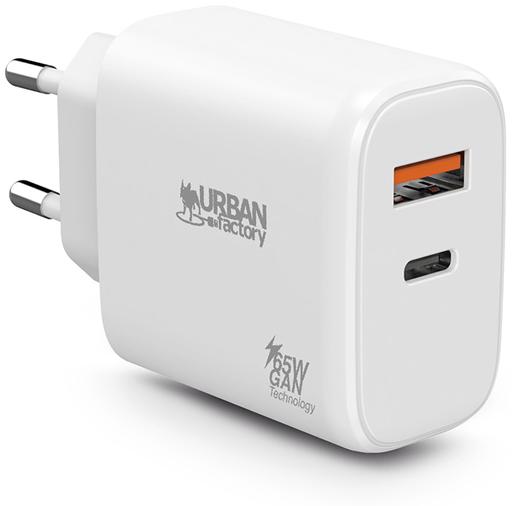 URBAN FACTORY SECTEUR 65W TYPE C GAN AVEC 1 PORT USB-C 45W + 1 PORT USB-A 18W CHARGE RAPIDE WHITE