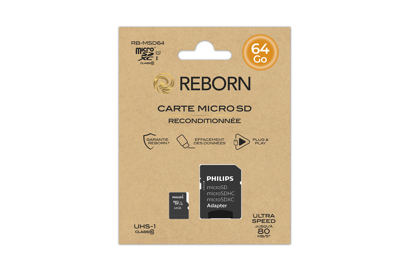 Reborn Micro SD Reconditionnee 64GB Class 10 UHS-I U1 + Adaptateur