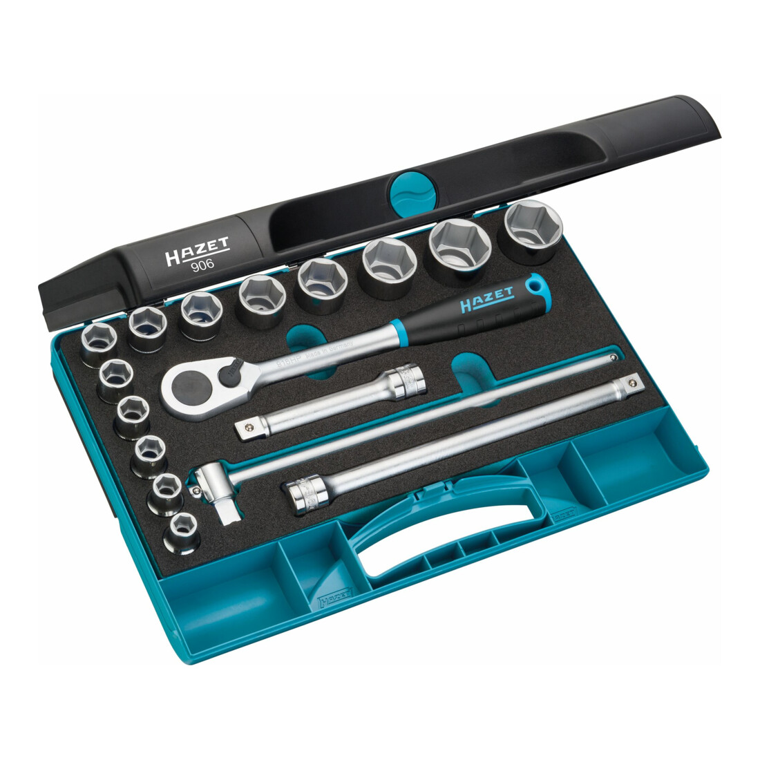 Hazet Jeu de clés à douilles 906 ∙ Carré creux 12,5 mm (1/2 pouce) ∙ Profil Traction à 6 pans extérieurs ∙ Nombre d'outils : 17