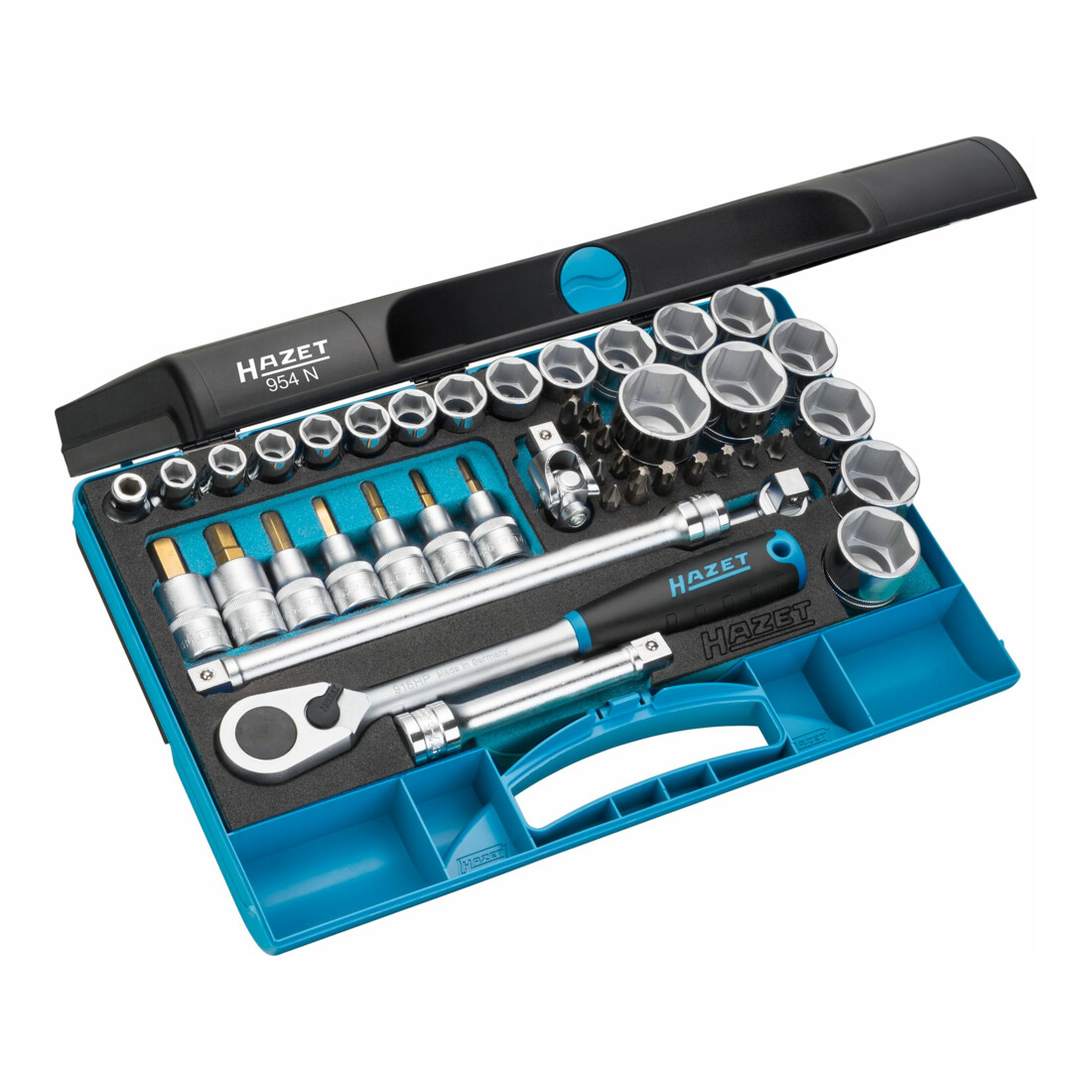 Hazet Jeu de clés à douilles 954N ∙ Carré creux 12,5 mm (1/2 pouce) ∙ Profil Traction à 6 pans extérieurs, Profil Pozidriv PZ, Profil Phillips PH, Profil à 6 pans intérieurs, Profil TORX® intérieur ∙ Nombre d'outils : 44