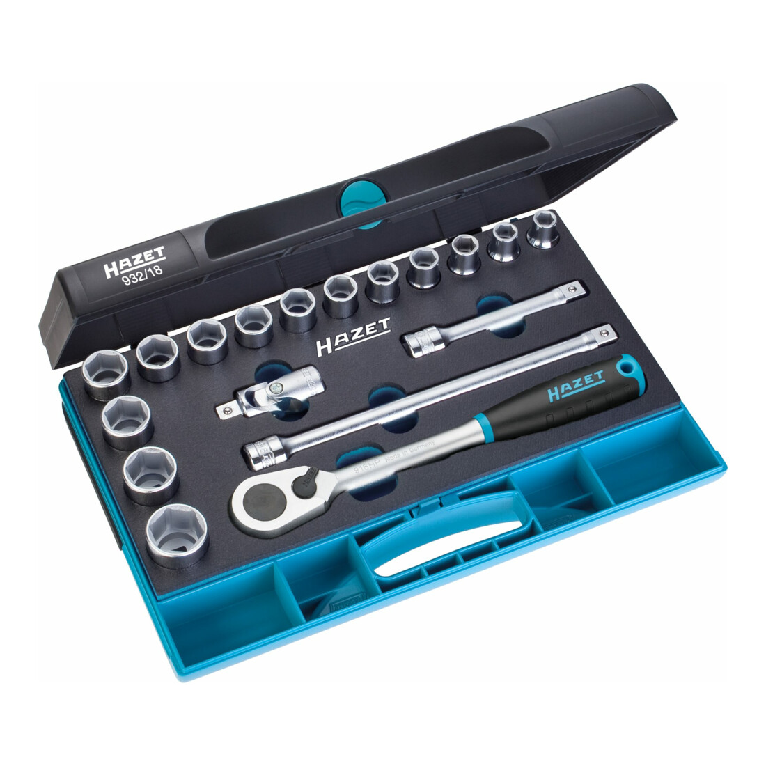 Hazet Jeu de clés à douilles 932/18 ∙ Carré creux 12,5 mm (1/2 pouce) ∙ Profil Traction à 6 pans extérieurs ∙ Nombre d'outils : 18