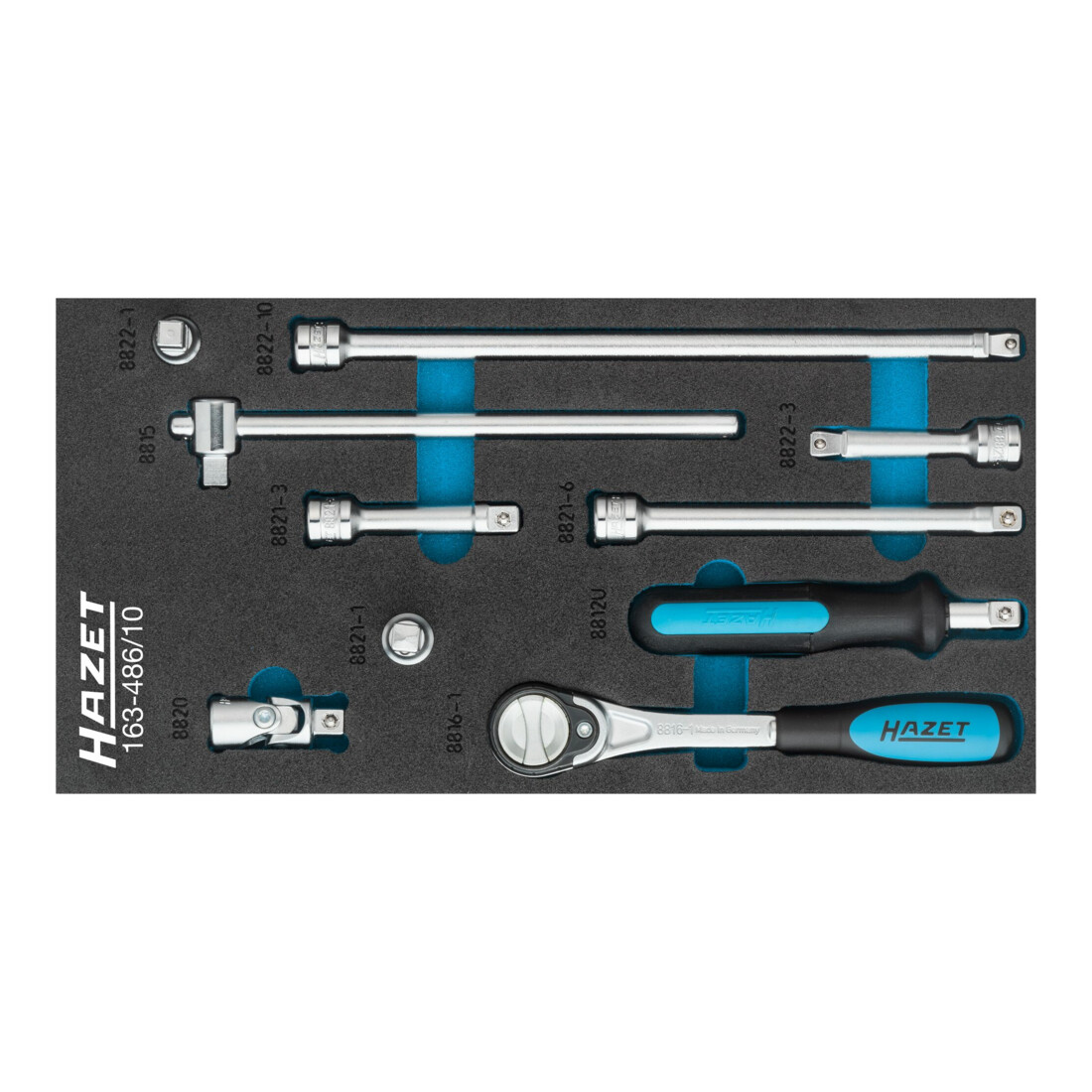 Hazet Jeu d'outils d'entraînement, denture fine, Carré mâle 10 = <sup>3</sup>/<sub>8</sub>″, 10 pièces 163-486/10 ∙ Carré massif 10 mm (3/8 pouce) ∙ Nombre d'outils : 10