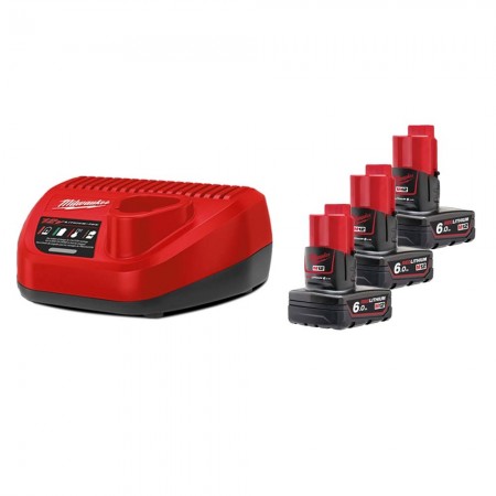 Milwaukee Pack 3 batteries 12V M12 B6 6 Ah + chargeur C12-C