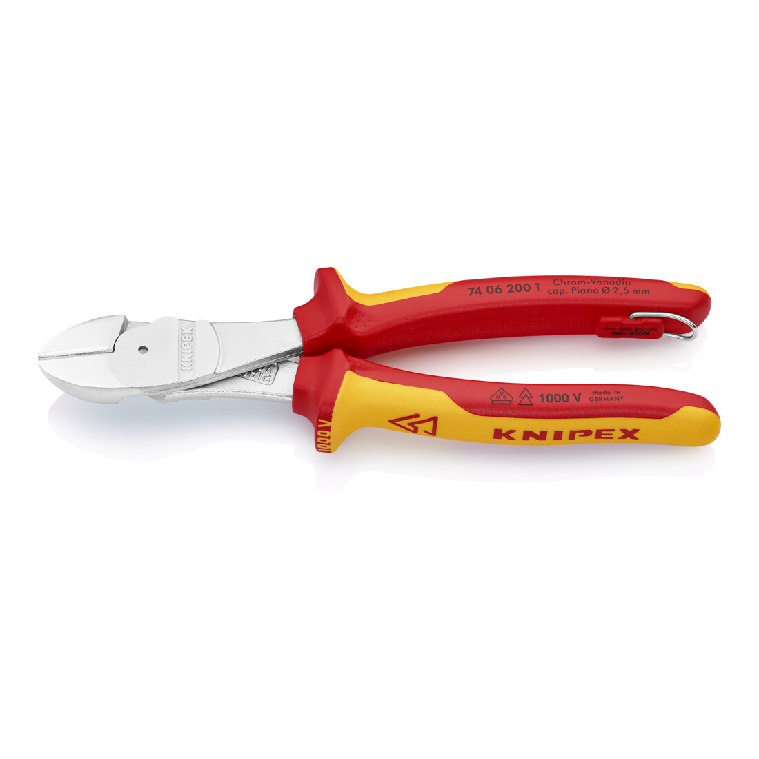 Knipex KNIPEX Pince coupante diagonale à forte démultiplication, chromée Isolation VDE, avec œillet de fixation, Longueur totale: 200 mm