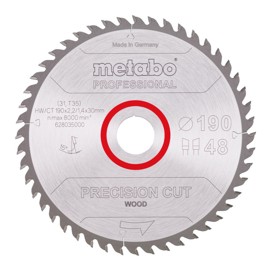 Metabo Lame de scie circulaire HW/CT 190 x 30 x 2,2/1,4, nombre de dents 48, affûtage en biseau alterné, angle d'attaque 15° metabo