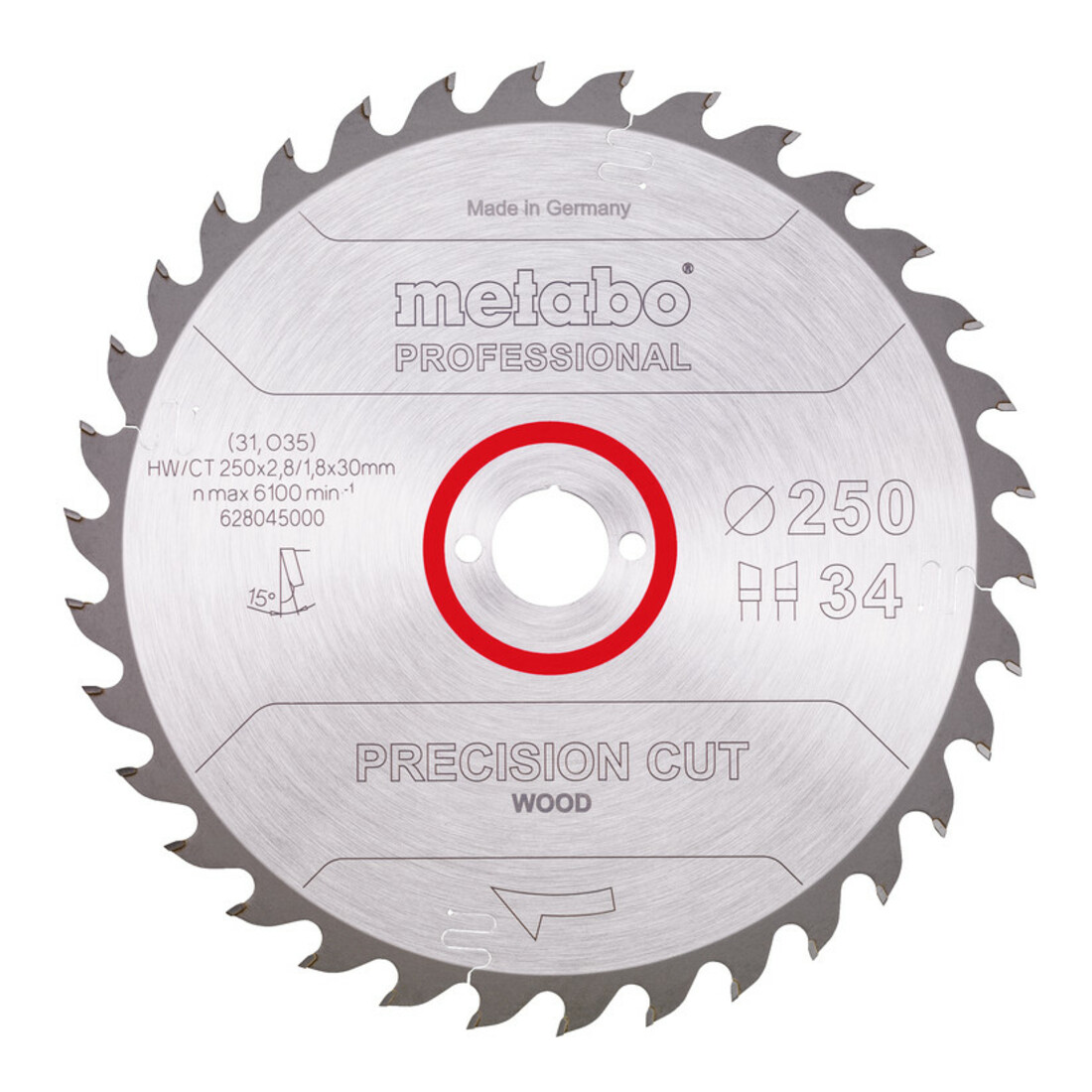 Metabo Lame de scie circulaire HW/CT 250 x 30 x 2,8/1,8, nombre de dents 34, affûtage en biseau alterné, angle d'attaque 15° metabo