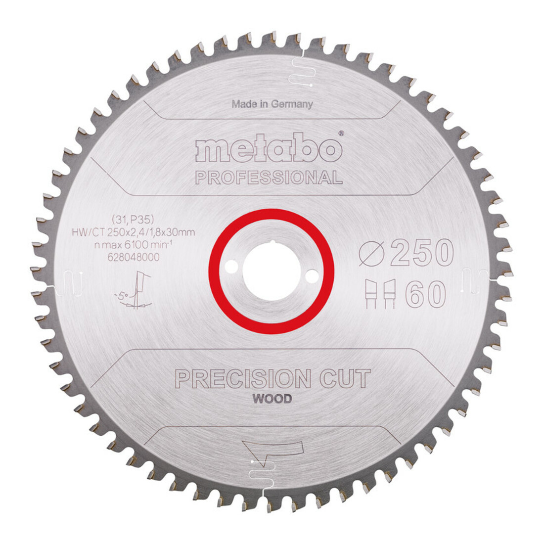 Metabo Lame de scie circulaire HW/CT 250 x 30 x 2,4/1,8, nombre de dents 60, affûtage en biseau alterné, angle d'attaque 5° nég. metabo