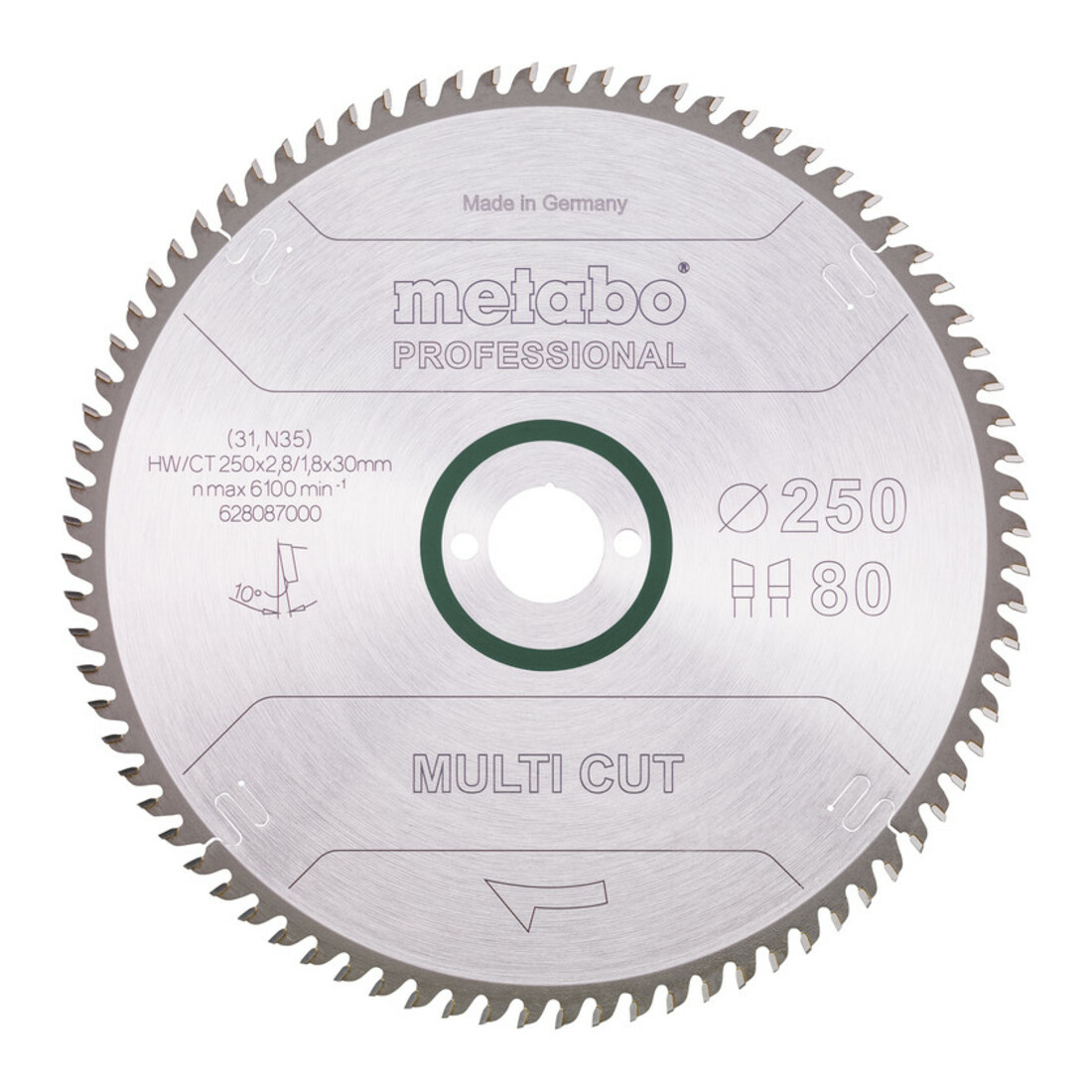 Metabo Lame de scie circulaire HW/CT 250 x 30 x 2,8/1,8, nombre de dents 80, affûtage en biseau alterné, angle d'attaque 10° metabo