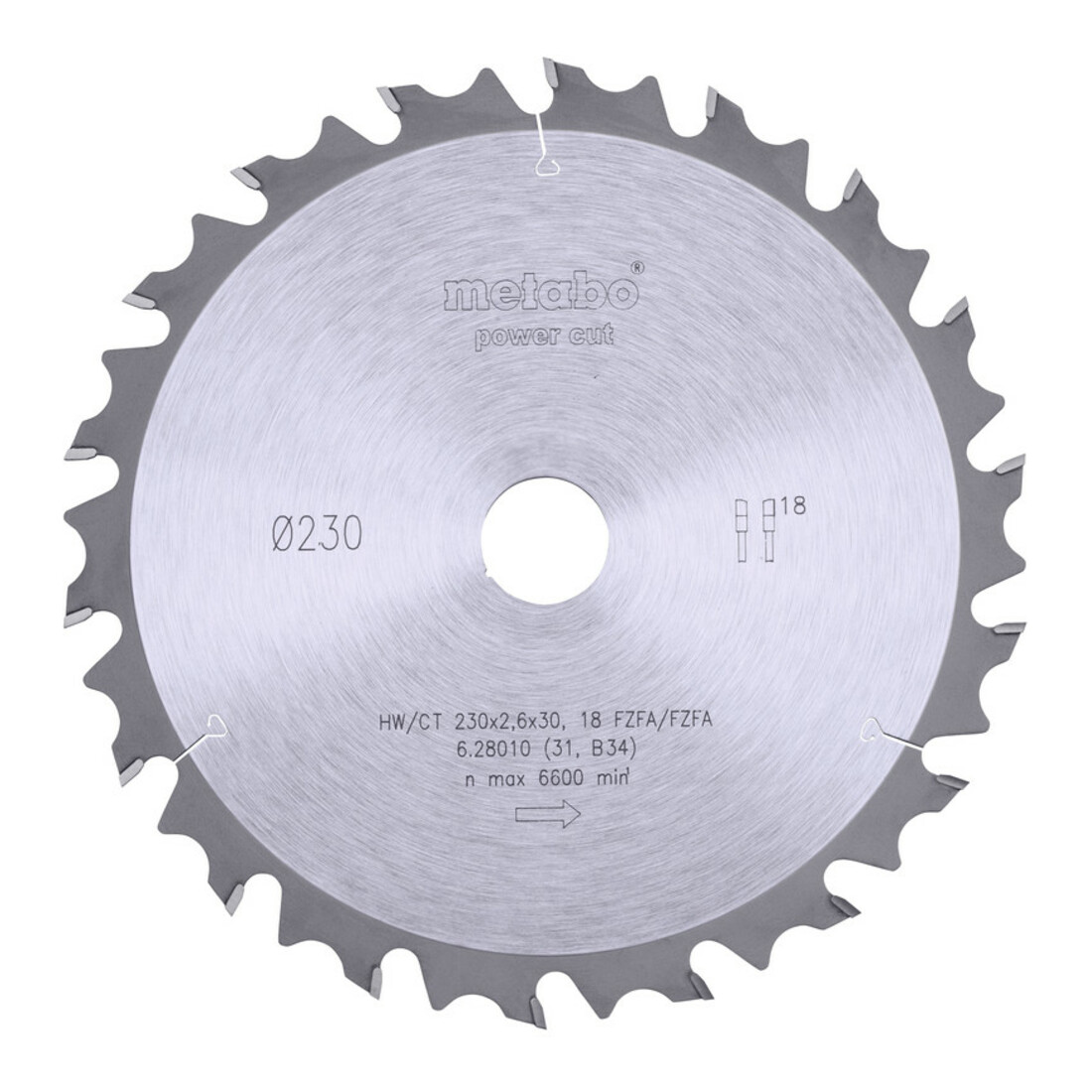 Metabo Lame de scie circulaire HW/CT 230 x 30 x 2,6/1,8, nombre de dents 18, denture plate biseautée, angle d'attaque 10° metabo