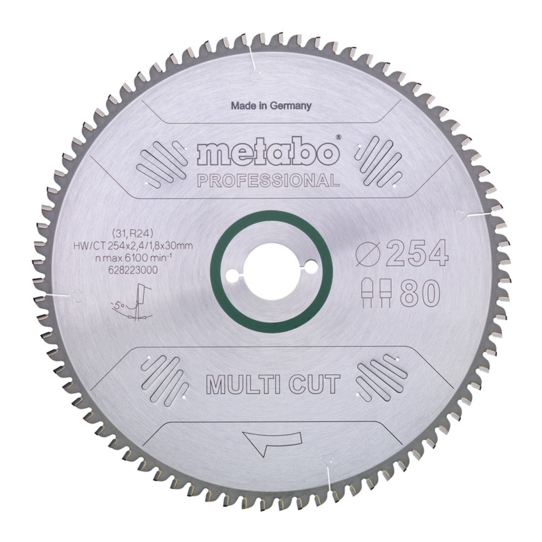 Metabo Lame de scie circulaire HW/CT 250 x 30 x 2,8/2,0, nombre de dents 80, denture plate/denture trapézoïdale, angle d'attaque 5° nég. metabo