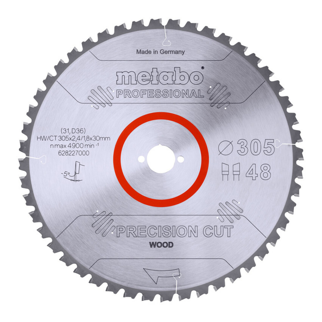 Metabo Lame de scie circulaire HW/CT 305 x 30 x 2,4/1,8, nombre de dents 48, affûtage en biseau alterné, angle d'attaque 5° nég. metabo
