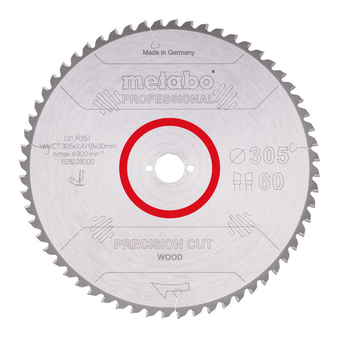 Metabo Lame de scie circulaire HW/CT 305 x 30 x 2,4/1,8, nombre de dents 60, affûtage en biseau alterné, angle d'attaque 5° nég. metabo