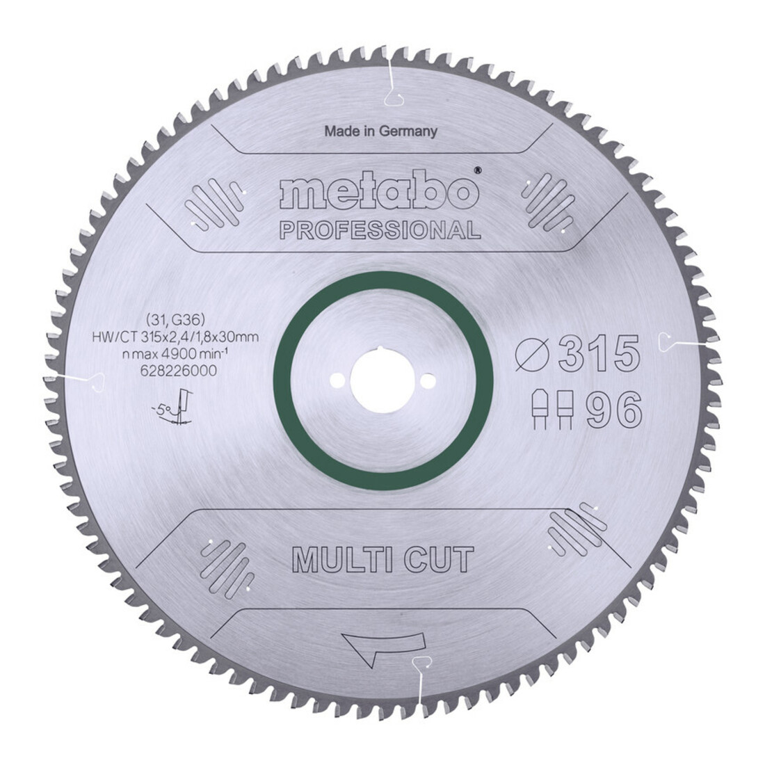 Metabo Lame de scie circulaire HW/CT 315 x 30 x 2,4/1,8, nombre de dents 96, denture plate/denture trapézoïdale, angle d'attaque 5° nég. metabo