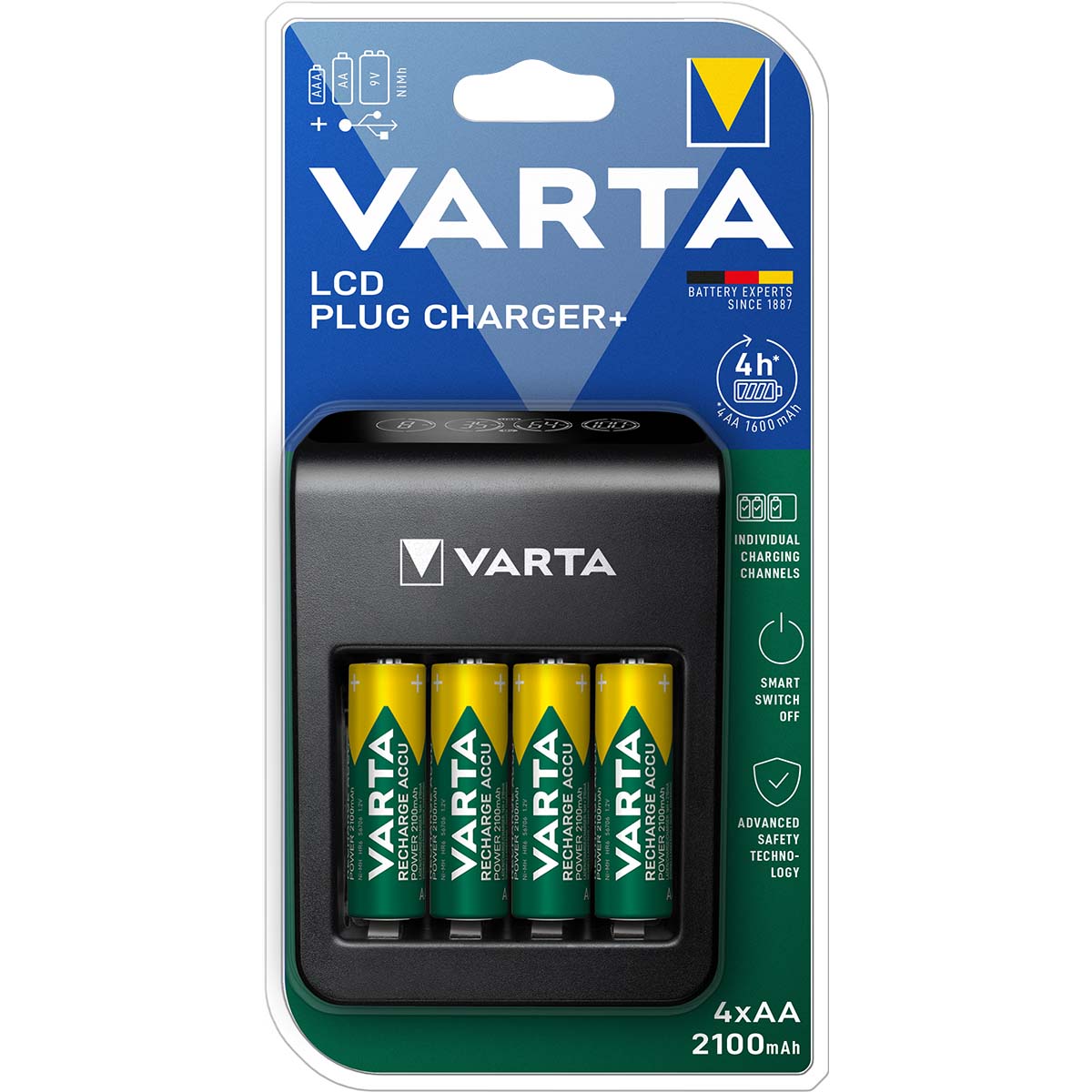 Varta NiMH LCD Plug Charger+ (AA, AAA & 9 Volt) avec 4x AA 2100 mAh