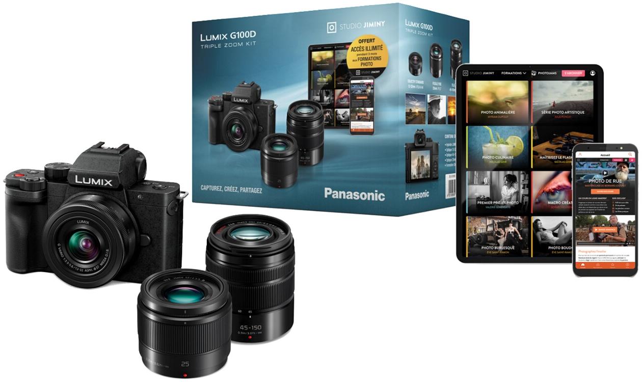 Panasonic Pack Hybride Lumix Micro 4/3 G100D +12-32mm + 45-150mm+25mm F1.7 + formation JIMINY