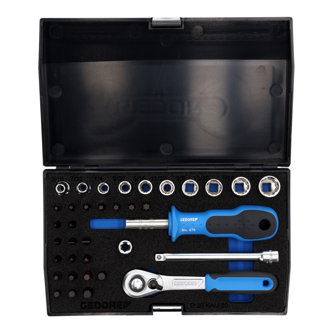 GEDORE Jeu de clés à douille D 20 KAU-20 1/4po. 37pcs.UD-IN-IS-PH-PZ-TX cliquet révers.