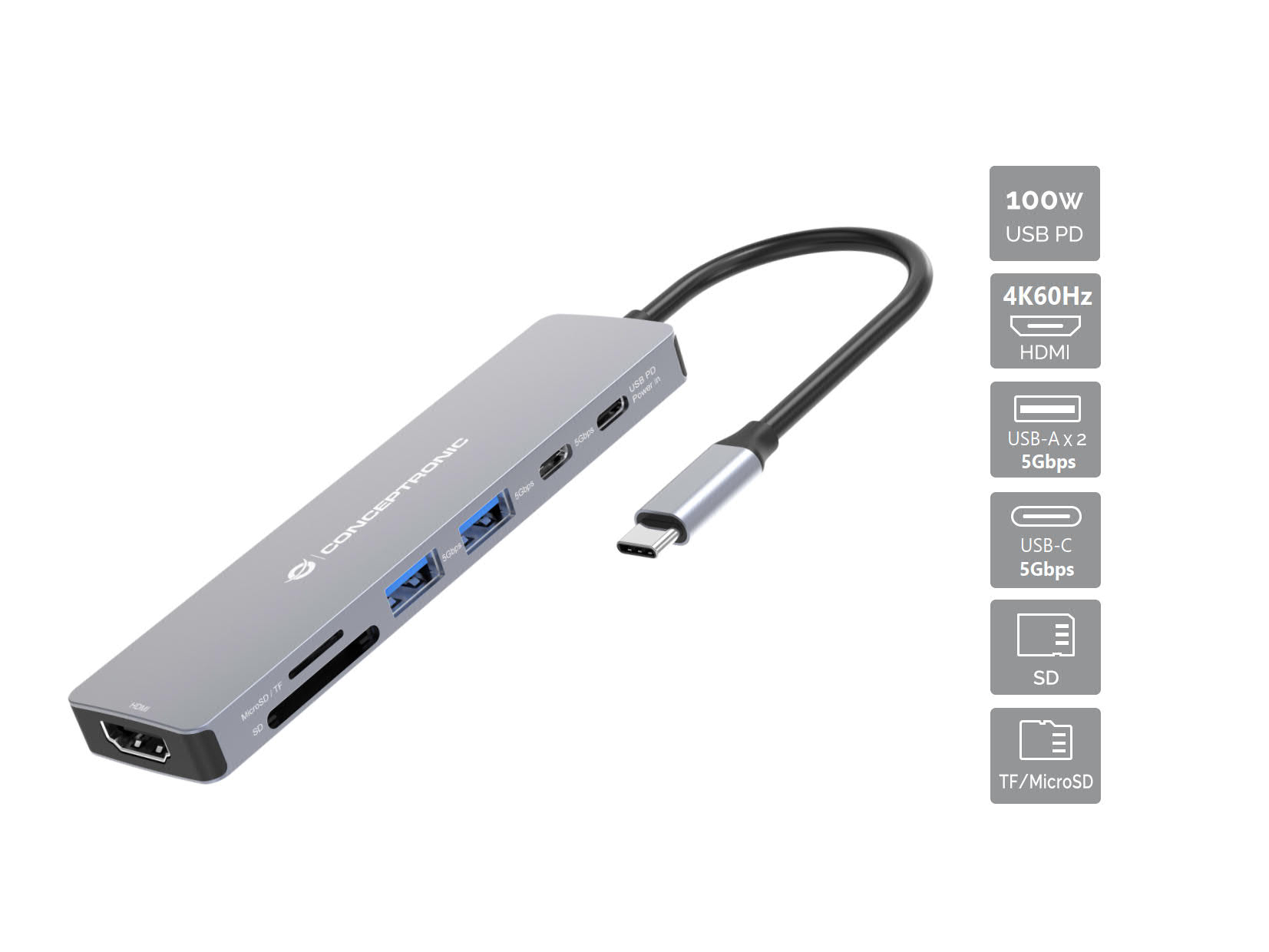 CONCEPTRONIC CONCEPTRONIC  7-1 Dock USB-C->HDMI/USB-C/2xUSB-A/+   25cm gr