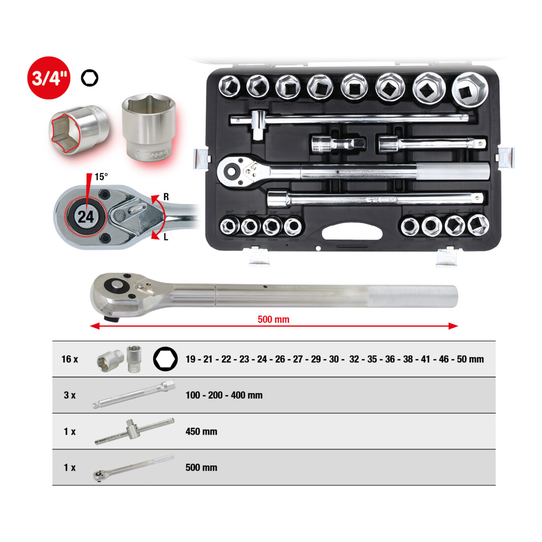 KS TOOLS Coffret de douilles 6 pans 3/4' 21 pcs.