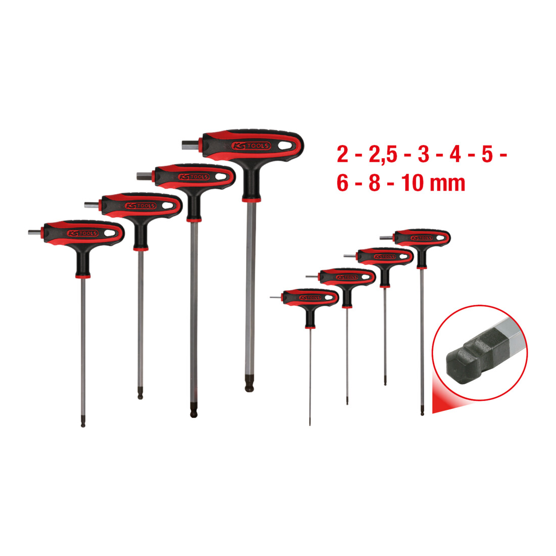 KS TOOLS Jeu de clés mâles 6 pans à tête sphérique poignée en T, 8 pcs